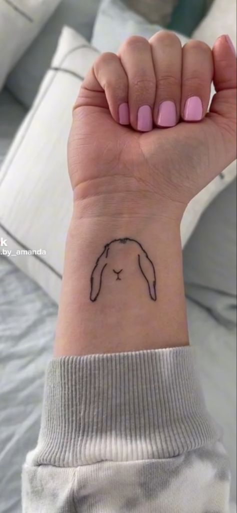 Simplistic Bunny Tattoo, Love Bunny Tattoo, Bunny Ear Outline Tattoo, Line Work Bunny Tattoo, Floppy Eared Bunny Tattoo, Outline Bunny Tattoo, Dog And Rabbit Tattoo, Pet Memorial Tattoo Rabbit, Bunny Paw Print Tattoo