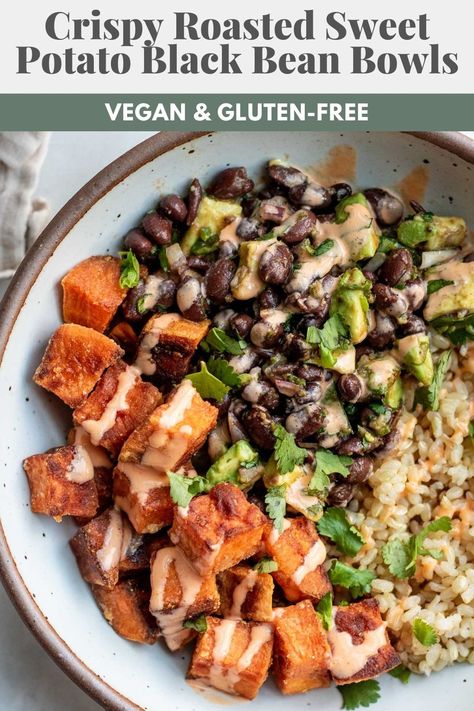 This Crispy Roasted Sweet Potato Black Bean Bowl is an easy dinner ready in 30 minutes. The crispy coated sweet potatoes roast easily in the oven and are served with a chili oil black bean salad. Sweet Potato Black Bean Bowl, Black Bean Bowl, Bean Bowl, Sweet Potato Black Bean, Sweet Potato Bowls, Healthy Bowls Recipes, Black Bean Recipes, Sweet Potato Black Beans, Black Bean Salad