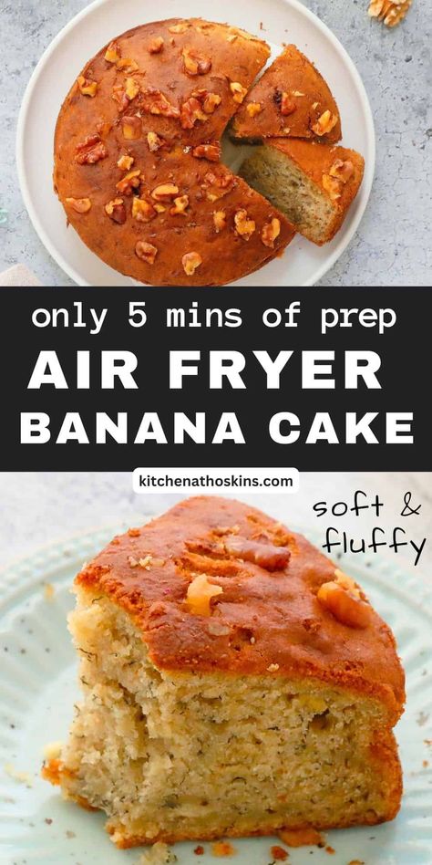 Air Fryer Banana Cake is wonderfully soft and fluffy with the perfect texture and flavor. With just takes 5 minutes prep time, this is a fool proof recipe. Banana Cake In Air Fryer, Air Fryer Banana Cake, Fools Cake Recipe, Airfryer Banana Bread, Airfryer Easy Recipes, Air Fryer Cake Recipes Easy, Banana Bread Air Fryer, Airfryer Bread, Air Fryer Banana Bread