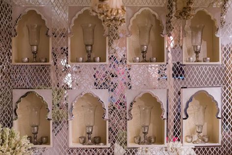 mirror-jharokhas-for Indian Sangeet decor - Witty Vows Decoration Wedding Indian, Sufi Night Decor, Rajasthani Interior, Sangeet Decor Ideas, Sangeet Theme, Candle Backdrop, Flower Decoration For Ganpati, Sufi Night, Shaadi Decor