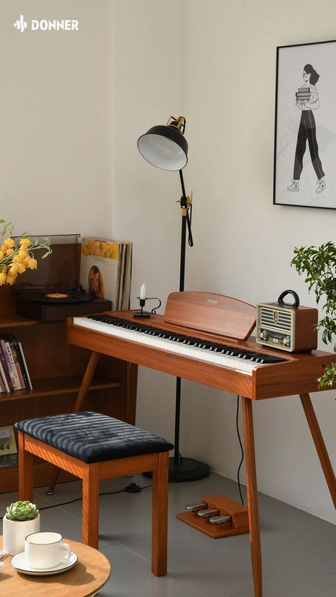 Piano Living Room Ideas, Donner Ddp-80, Keyboard In Living Room, Room With Piano, Piano Corner Living Room, Digital Piano In Living Room, Piano In Small Space, Donner Piano, Electric Piano Aesthetic