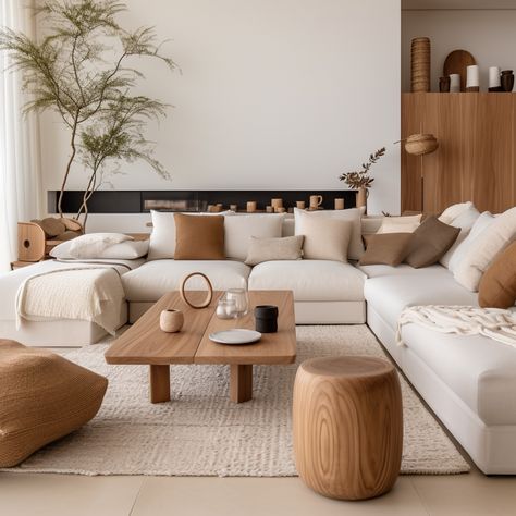 Modern Japandi living room, natural wood, beige and tan accents, living tree. Japandi Interiors Living Room, Living Room Japandi, Japandi Living Room, Japandi Interiors, Japandi Living, Beige Living Rooms, Casas The Sims 4, Bantal Sofa, Living Room Design Inspiration