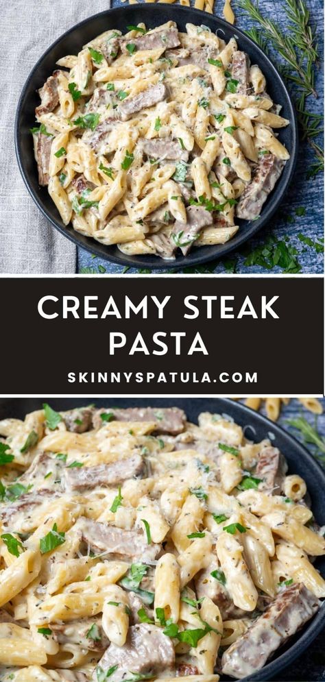 Beef Spinach Pasta Recipes, Pastas For Dinner, Essen, Strip Steak Pasta Recipe, Steak Pasta Recipes Healthy, Recipe Using Steak, Sirloin Pasta Recipes, Easy Steak Dinner For Two, Cheesy Steak Pasta