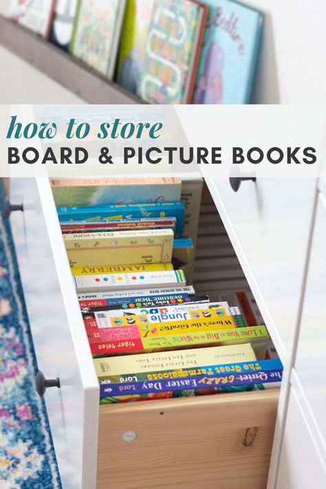 Nursery Book Organization Ideas, Book Storage Small Space Kids, Kids Book Storage Closet, Book Storage Bins, Books In Drawers, Book Organization Nursery, Nursery Book Organization, How To Store Lots Of Books, Baby Book Organization