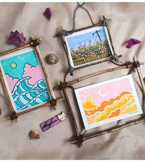 Diy Tiny Canvas Painting, Mini Picture Frames Diy, Mini Canvas Collage, Mini Picture Frames Ideas, Mini Framed Paintings, Diy Mini Picture Frame, Tiny Framed Art, Diy Mini Frame, Mini Art Ideas