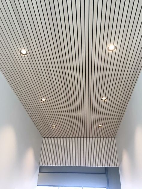 White Slat Ceiling, Slat Ceiling Lighting, Wood Slat Ceiling Lighting, Basement Slat Ceiling, Diy Wood Slat Ceiling, Slatted Wood Ceiling, Wood Slat Ceiling Bathroom, Wooden Slat Ceiling, Fluted Ceiling