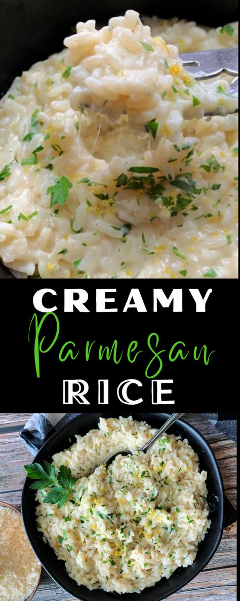 Delicious, quick and easy rice recipe is a great side that goes perfectly with chicken, seafood and beef. Loaded with creamy parmesan flavor. This is a quick weeknight side dish the whole family will love. #rice #ricerecipe #parmesanrice #creamyparmesanrice #sidedish #ricesidedish #agoudalife Creamy Garlic Rice, Rice Side Dish Recipes For Pork, Cream Cheese Rice, Creamy Parmesan Rice, Easy Rice Side Dishes, Parmesan Rice, Creamed Rice, Rice Side Dish Recipes, Autumn Side Dishes