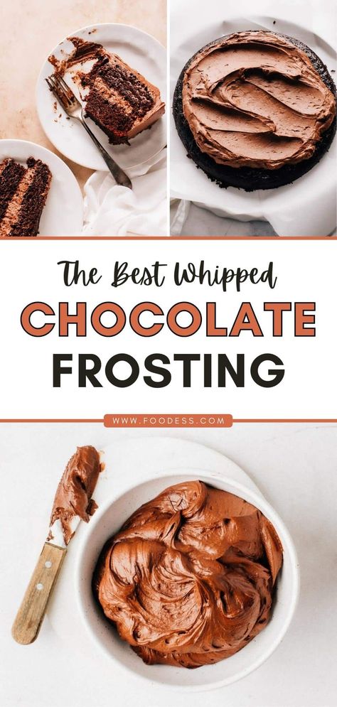 Whip up the best chocolate frosting in just 5 minutes! This frosting recipe is easy and quick to make with simple ingredients like butter, sugar, cocoa powder and whipping cream. It has the perfect texture - light, soft, fluffy and not too sweet. Use this homemade whipped chocolate frosting for all your favorite sweet treats and desserts, from brownies and cakes to cupcakes and cookies. Find the recipe + frosting video on my blog. Also includes tips to make the perfect frosting every time! Light And Fluffy Chocolate Frosting, Chocolate Frosting Without Cocoa Powder, Whipped Icing Recipes, Best Chocolate Frosting Recipe, The Best Chocolate Frosting, Chocolate Frosting Easy, Best Chocolate Frosting, Chocolate Whipped Cream Frosting, Whipped Cream Frosting Recipe