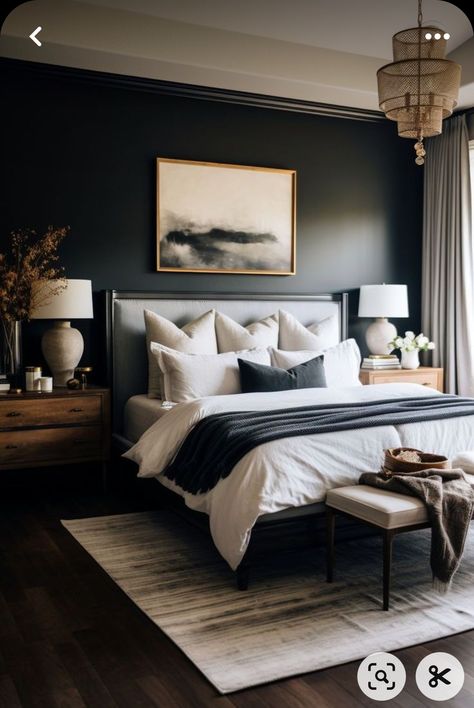 Luxury Bedroom Master Dark Blue, Bedroom Decor With Dark Floors, Dark Walls Bedroom Master Bed, Black In Bedroom, Dark Blue Guest Bedroom, Dark And Moody Bedroom Ideas, Moody Gray Bedroom, Black Gray And White Bedrooms, Blue Moody Bedroom