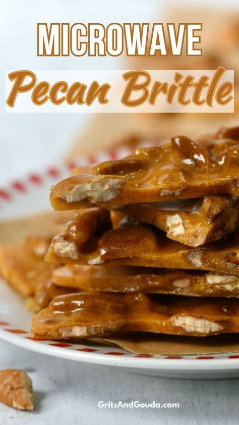 A stack of pecan brittle on a plate. Pecan Brittle Recipe, Pecan Candy, Holiday Food Gifts, Pecan Brittle, Microwave Peanut Brittle, Brittle Recipes, Candy Recipes Homemade, Candy Thermometer, Peanut Brittle