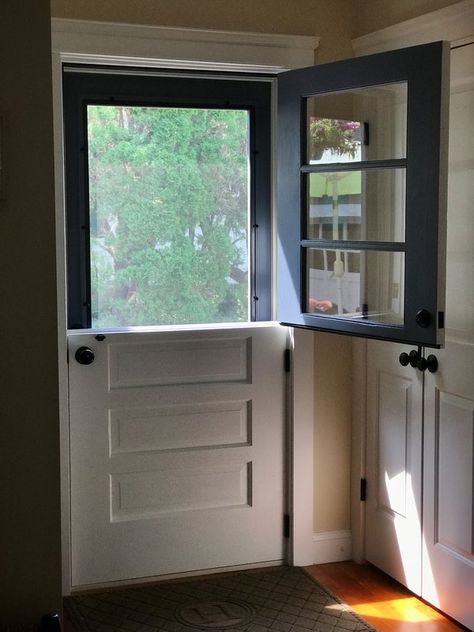 Dutch Door Split Door Ideas, Front Door Opens Into Kitchen, Front Door With Built In Screen, Dutch Door With Window, Kitchen Half Door, Exterior Dutch Doors, Exterior Dutch Door With Screen, Indoor Screen Door, Kitchen Back Door Ideas