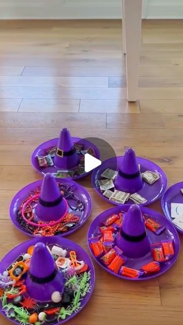 Britni V | Play Party Plan on Instagram: "Ring around the witch hat! 🧙😆 Grab them to play this witchy Halloween game next time you’re at Dollar Tree! 

Try adding cash, lotto tickets, gift cards, movie tickets, and more to make it work for adults! Or teens (without the lotto tickets 😬)! 

Want full details plus more Halloween games?? Comment Halloween Games and I’ll DM you our favorites! 🎃💀👻

Or comment WITCH RINGS and I’ll send you a link to the rings I used!

Or just check out https://www.playpartyplan.com/easy-halloween-party-games/

#halloweengame #halloweengames #halloweenfun #halloweenparty #gamesforkids #dollartreefinds #classparty #fungames #partygames" Witch Pitch Game, Halloween Game Prizes, Witch Hat Ring Toss, Halloween Party Ideas For Kids, Lotto Tickets, Instagram Ring, Easy Halloween Party, Witch Rings, Witchy Halloween