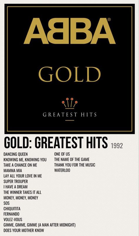 minimal poster of the album gold: greatest hits by abba Abba Gold Album Cover, Abba Song Poster, Abba Music Poster, Abba Album Covers, Abba Poster, Queen Album Covers, Does Your Mother Know, Queen Albums, Song Posters