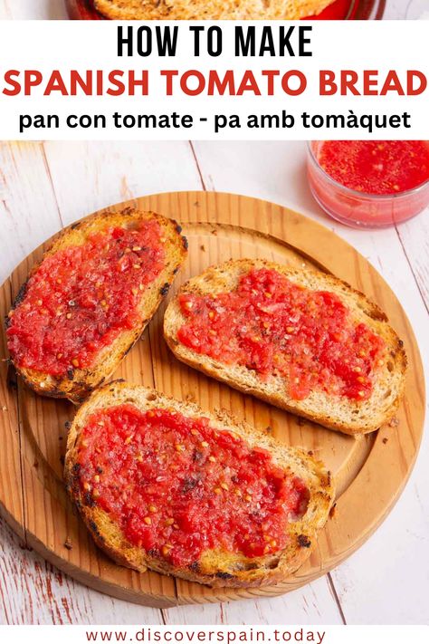 This Spanish tomato bread or pan con tomate is a humble yet flavourful Catalan dish made with simple ingredients. Lightly toasted bread is combined with fresh and juicy tomatoes, fragrant garlic, fruity olive oil and a sprinkle of sea salt. Its fresh ingredients and bold flavours make it a delicious and easy addition to any meal.
Locally known as pa amb tomàquet, pan tumaca, or pantumaca, the name translates directly to ‘bread with tomato’. Learn how to make pan con tomate. Spanish Tomato Bread, Spanish Soup, Spanish Bread, Tomato Toast, Tomato Bread, Country Bread, Tapas Dishes, Spanish Recipes, Toasted Bread