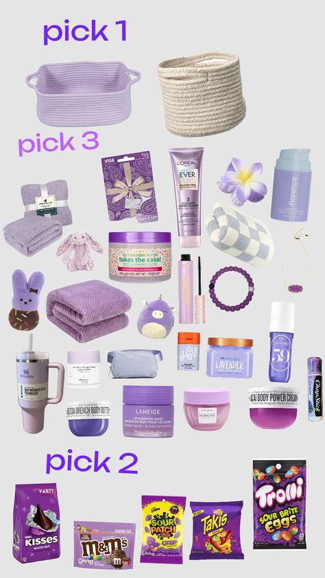 #purplegiftbasket Purple Gift Bags Ideas, Gift Baskets Themes, Purple Aesthetic Gift Basket, Purple Items For Gift Basket, Burr Basket For Mum, All Purple Gift Basket, Periwinkle Gift Basket, Purple Burr Basket Ideas, Color Coded Gift Baskets Ideas