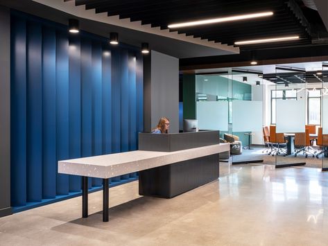 Trevipay Offices - Overland Park Park Flooring, Overland Park Kansas, Ergonomics Furniture, Reception Counter, Office Designs, Office Photo, Lobby Interior, Built In Seating, Office Layout