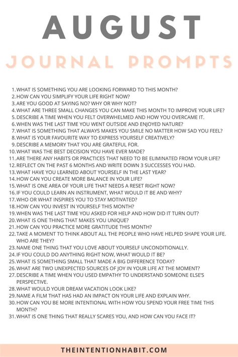 31 Daily August Journal Prompts For Gratitude, Reflection & Discovery 2 List Of Journaling Prompts, Organisation, August 2024 Journal Prompts, Goals For August 2024, August Daily Journal Prompts, Journal For August, August Prompts 2024, Journaling Prompts Monthly, August Journal Ideas Writing Prompts