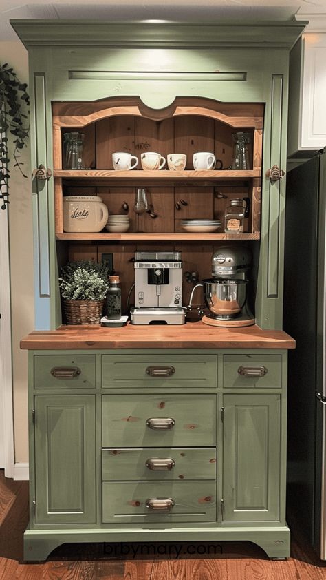 Creating a coffee bar at home is a fantastic way to bring the café experience right into your kitchen. Here are 35+ Coffee Bar Ideas For Your Home interior and your kitchen decor that will inspire you. Hutch Makeover Coffee Bar, Coffee Bar Dresser, Coffee Bar Hutch Ideas, Cupboard Renovation, Corner Coffee Bar Ideas, Hutch Coffee Bar, Armoire Coffee Bar, Corner Coffee Bar, Coffee Hutch