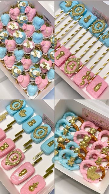 CHOCOLATE COVERED TREATS on Instagram: "Absolutely love how gorgeous this gender reveal party package turned out! Treats done: A dozen funfetti cakesicles A dozen Rice Krispies A dozen pretzels A party box of berries Inspo for the berries by @chellyberries ✨ Now booking for August and September✨ Send me a DM to customize your order today!! Shop the same molds I used from @lavendersbakeshop use code QUEENSQRAVINGSS FOR 10% off site wide @itwasalladreamshop use code QUEENSQRAVINGSS Gender Reveal Berries, Gender Reveal Ideas Treats, Gender Reveal Ideas Candy Table, Gender Reveal Ideas Food Table, Treats For Gender Reveal Party, Gender Reveal Sweets Table Desserts, Gender Reveal Chocolate Covered Strawberries, Gender Reveal Bakery Ideas, Gender Reveal Ideas For Dessert Table