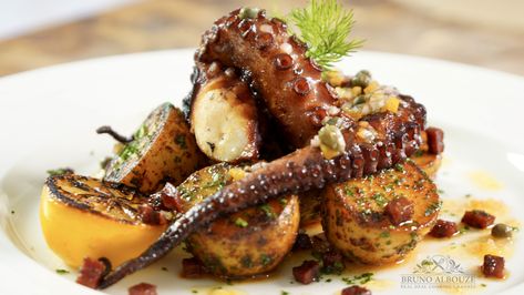 Grilled Spanish Octopus #featuredrecipe #grilledoctopus #grilledseafood #octo #octopus #pieuvre #seafood #spanishoctopus #spicerub Octopus Plating Ideas, Grilled Octopus Recipe Spanish, Octopus Plating Food, Bruno Albouze Recipes, Octopus Plating, Spanish Octopus Recipe, Octopus Appetizer, Chorizo Seasoning, Octopus Dishes