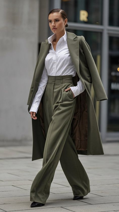 Step out in style with this sophisticated ensemble featuring a crisp white button-up shirt tucked into high-waisted olive green trousers, complemented by a tailored green coat. This look exudes confidence and professionalism, perfect for any urban setting. The model's poised stride and minimalist accessories highlight the outfit's modern elegance, making it an ideal choice for both business meetings and stylish outings. Minimalist Urban Fashion, Olive Green Suit For Women, Olive Green Trousers Outfit, Monochromatic Outfit Aesthetic, Green Trousers Outfit, Olive Green Trousers, Pantsuit Outfit, Older Women Dresses, Olive Green Outfit