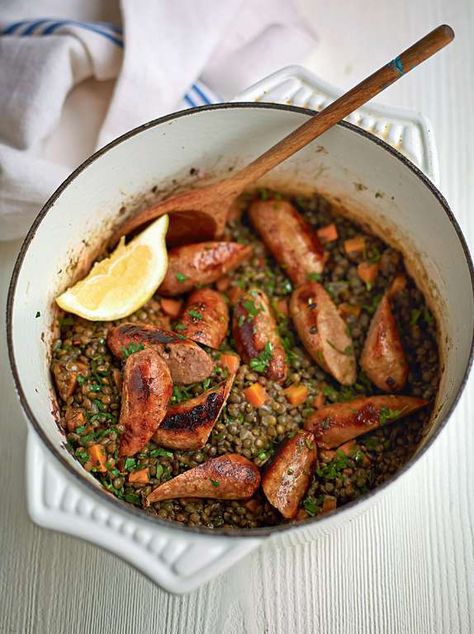 Sausage and Lentil Stew - The Happy Foodie Sausage Dumplings, Puy Lentil Recipes, Homemade Breakfast Sausage Recipe, Lentil Stew Recipes, Puy Lentils, Vietnamese Grilled Pork, Pork Sausages, Sausage Dishes, Skillet Dishes