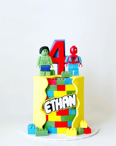 MATAMIESE CAKES on Instagram: “Another fun one from the weekend! 🥳Created a couple of superheroes from fondant for this Lego themed cake. #cake #birthday #fondant…” Lego Roblox Birthday Party, Cake With Different Themes, Marvel Lego Cake, Cake Lego Birthday, Lego Birthday Cake For Boys, Lego Cakes For Boys, Lego Pasta, Lego Superhero Cake, Lego Cake Ideas