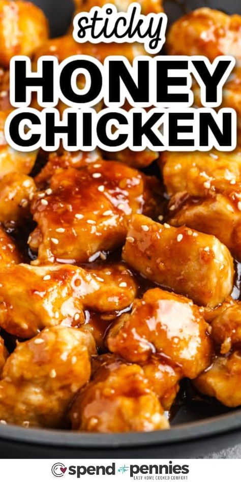 Whip up this quick and easy Honey Chicken for a perfect weekday dinner! In just 20 minutes, enjoy tender, juicy chicken coated in a honey sauce, served with rice, and garnished with sesame seeds—it's the ideal choice for a busy weeknight meal. #honeychicken #easy #chinese #spendwithpennies Essen, Sticky Honey Chicken, Honey Chicken Recipe, Homemade Chinese Food, Easy Delicious Dinners, Sticky Chicken, Sweet And Spicy Sauce, Chinese Cooking Recipes, Weekday Dinner