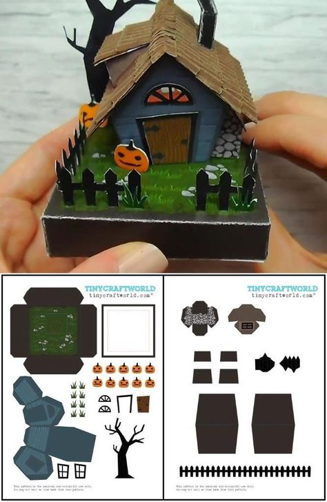 DIY Spooky Haunted House Papercraft - by by Tiny Craft World 3d Paper Crafts Templates Free Printable Halloween, Halloween Paper Crafts Free Printable, Diy Haunted House Ideas, Haunted Dollhouse Diy Ideas, Halloween Villages, Halloween Diorama, Doll Miniatures, Halloween Paper Crafts, Paper Toys Template