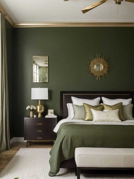 Forest Green Bedrooms, Green Bedroom Walls, Green Bedroom Decor, Green Accent Walls, Dark Green Walls, Gold Bedroom, Green Walls, Green Rooms, Bedroom Green