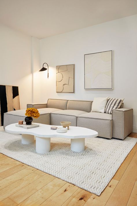 Beside Sofa Decor, Living Rooms Inspirations, Boucle Sofa Decor, Two Different Sofas Living Room, Cream Boucle Sofa, Boucle Living Room Decor, Cream Sofa Decor, Boucle Sofa Living Room, Wooden Floor Living Room