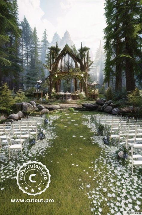 Fairy Garden Ideas Enchanted Forest Outdoor Weddings, Elvish Wedding Decor, Elven Wedding Aesthetic, High Fantasy Wedding Theme, Indoor Fantasy Wedding, Outdoor Fantasy Wedding, Elvish Wedding Theme, Rivendell Wedding Theme, Fantasy Wedding Venue Ideas