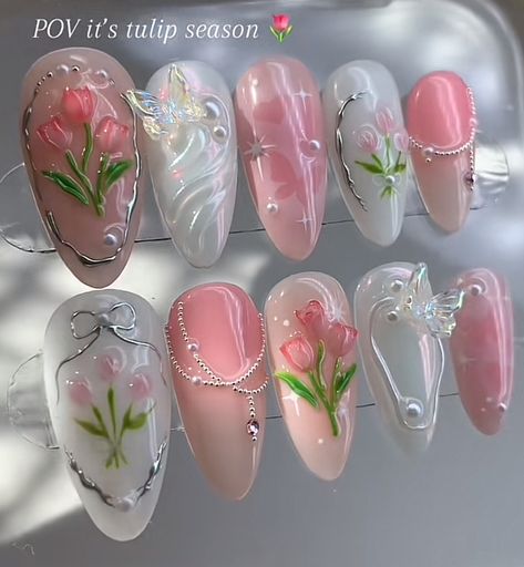 Tulip Nails, Nails Butterfly, Holo Nails, Fake Nails Designs, Art Deco Nails, Asian Nails, Summery Nails, Girly Acrylic Nails, Blush Nails