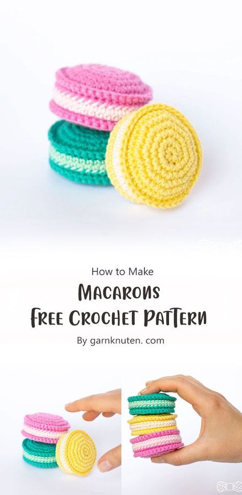 These colorful and tasty looking macarons are a fun and unique piece of décor for any home. The pattern uses only basic crochet stitches and is easy-to-follow. Macaron Crochet Pattern, Amigurumi Macaron, Crochet Macaron, Cute Macarons, Crochet Cake, Free Crochet Amigurumi, Crochet Keychain Pattern, Pola Amigurumi, Crochet Food