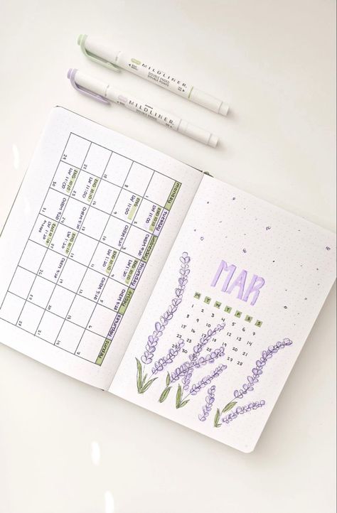 50+ Beautiful Bullet Journal Monthly Covers for 2024 - The Planner Addict March Book Journal Spread, Easy Planner Ideas, Monthly Bujo Ideas, Lavender Bullet Journal Theme, Schedule Ideas Aesthetic, Month At A Glance Bullet Journal, Bujo Schedule, Lavender Bujo, Monthly Bujo Spread