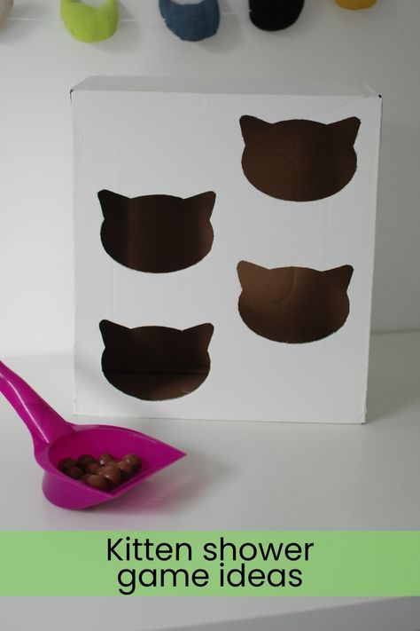 Looking for a cat themed party game for your kitten baby shower, your cat’s birthday soirée or your feline friendly festivities? This ‘poop toss’ is sure to be a hit, it’s easy to make and will bring a smile to the face of all your guests! Cat Shower Party, Cat Birthday Games, Kitten Shower Ideas, Cat Theme Party Games, Kitten Baby Shower Theme, Cat Themed Bridal Shower Ideas, Kitty Birthday Party Food, Cat Baby Shower Ideas, Cat Birthday Party Games