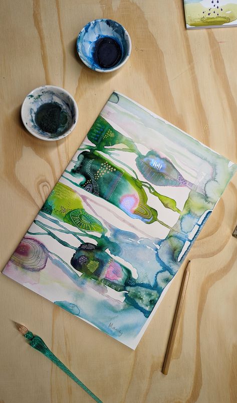 A brightly colored watercolour abstract on a table Trending Watercolor Art, Modern Watercolour Painting, Big Watercolour Painting, Watercolour Abstract Art Inspiration, Abstract Watercolour Painting Ideas, Black Watercolor Art, Watercolor Abstract Art For Beginners, 2023 Art Trends, Abstract Watercolour Painting