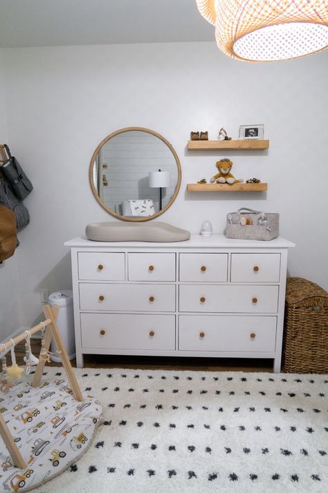 ikea hemnes dresser baby room Nursery Dresser Decor, Baby Dresser Organization, Nursery Dresser Organization, Ikea Baby, Ikea Hemnes Dresser, Hemnes Dresser, Nursery Changing Table, Ikea Nursery, Nursery Closet Organization