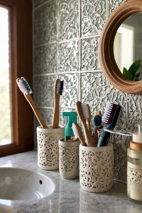 Explore practical toothbrush holder solutions to maintain an organized bathroom with stylish functionality in this daily interior designer routine.
#ad  


#Bathroom 
#wallpaint2024
 #color2024
 #DIYpainting
 ##DIYhomedecor
 #Fixhome Toothbrush On Counter, Toothbrush Holder Ideas, Ad Bathroom, Bathroom Decor Ideas Minimalist, Modern Bathroom Decor Ideas, Frameless Mirrors, Bold Tile, Minimalist Vanity, Organized Bathroom