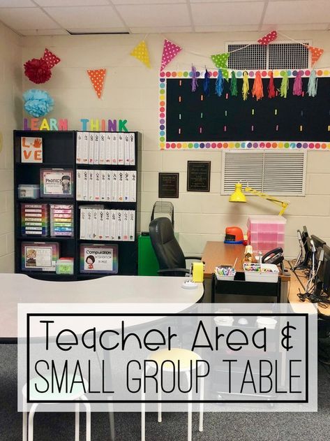 When I think of what I want my classroom to be for my students, a few different words come to mind: literacy focused welcoming inclusive of all cultures, ethnicities, (dis)ABILITIES, and differences motivating bright I decorated and yes…even designed my classroom layout this year with these five goals. I am pretty excited to share with … Classroom Small Group Table, Reading Classroom Set Up, Teacher Document Camera Desk, Elementary Classroom Calendar, Small Group Supply Organization, Teacher Small Group Table Organization, Teacher Desk Ideas Work Spaces, Classroom Without Teacher Desk, 3rd Grade Classroom Setup Teacher Desks