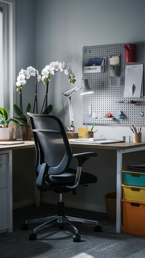 Revitalize your workspace with a touch of nature! This stunning home office features elegant orchids on the MICKE desk, perfectly complemented by the ergonomic MARKUS swivel chair and practical SKÅDIS pegboard. The colorful FJÄLLA storage box adds a pop of personality, while the bright TERTIAL work lamp enhances productivity and focus. Create an energizing atmosphere that inspires creativity and efficiency. Ready to transform your office? Discover more tips and ideas for a stylish, functional space! #HomeOfficeInspo #IKEAStyle #OrchidDecor Micke Desk, Ikea Style, Work Lamp, Office Inspo, Functional Space, Elevate Your Home, Swivel Chair, Work Space, Storage Box