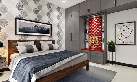 The grandparents' bedroom idea with mandir designed with jali work also looks very intricate. Grandparents Bedroom Ideas, Grandparents Bedroom Interior, Grandparents Room Ideas, Bedroom Design For Parents, Parents Bedroom Ideas, Grandparents Bedroom, Parents Bedroom Design, Ocean Decor Bedroom, Wood Panel Bedroom