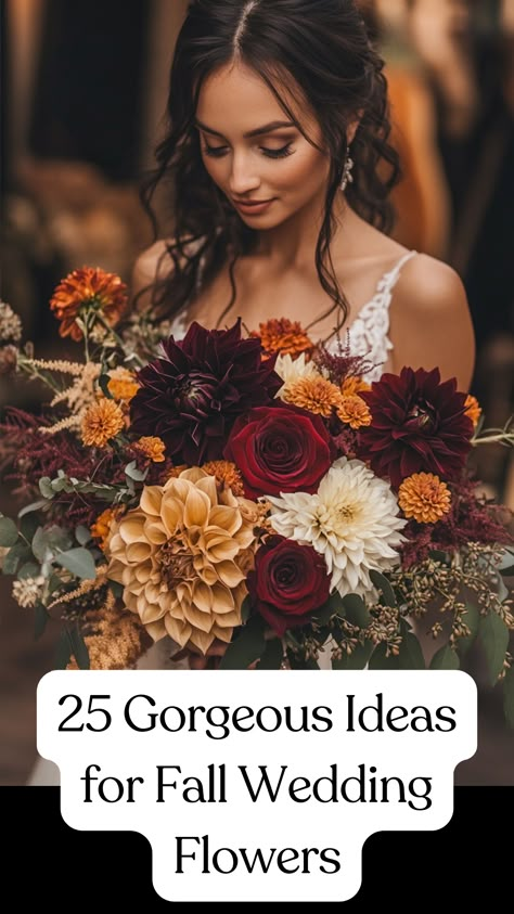 A stunning bride carrying beautiful fall wedding flowers in rich autumn colors, featuring a mix of bold centerpieces and delicate bouquets, perfect for an unforgettable fall wedding celebration. Fall Themed Bridal Bouquet, Fall Style Wedding, Elegant Fall Wedding Bouquets, Fall Inspired Wedding Bouquets, Terracotta Wedding Bouquet Real Flowers, Autumn Wedding Flower Arrangements, Fall Wedding Florals Centerpiece Ideas, Fall Color Roses, Fall Wedding Reception Flowers