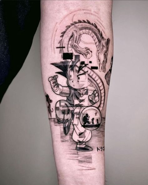 Shen Long Tattoo, Arm Tattoos For Guys Forearm, Dbz Tattoo, Geometric Sleeve Tattoo, Z Tattoo, Clock Tattoo Design, Dragon Ball Tattoo, Circle Tattoos, Manga Tattoo