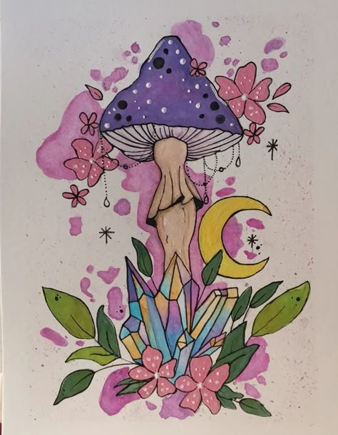 Mushroom Drawing Fairy, Purple Mushroom Drawing, Fairyland Drawing, Mushroom Drawing Colorful, Hippie Mushroom Art, Magic Mushroom Drawing, Witchy Drawings Simple, Mystical Drawings, Mushroom Paintings