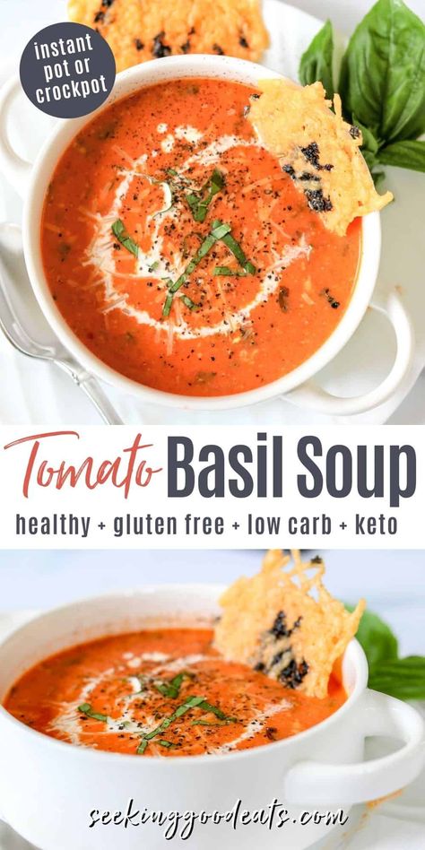 Keto Tomato Bisque Soup, Low Calorie Creamy Tomato Soup, Keto Tomato Soup Easy, Easy Keto Soup Recipes Crock Pots, Macro Friendly Tomato Soup, Tomato Soup Slow Cooker Crockpot, Optavia Tomato Soup, Tomato Basil Soup No Cream, Fresh Keto Recipes