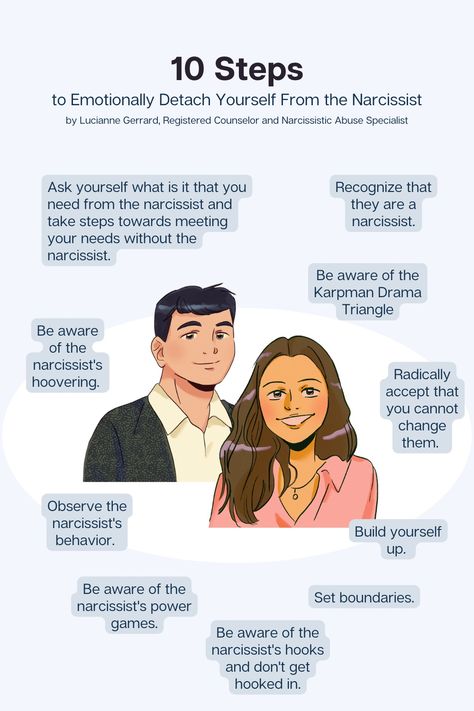 An infographic about the 10 steps that you can take to safely emotionally detach yourself from a narcissist. Detachment Pictures, How To Slowly Detach From Someone, How To Let Go Of Attachment, How To Detach Yourself From Someone, How To Get Detached From Someone, How To Emotionally Detach, How To Detach From Someone, How To Detach From Someone You Love, How To Detach Emotionally