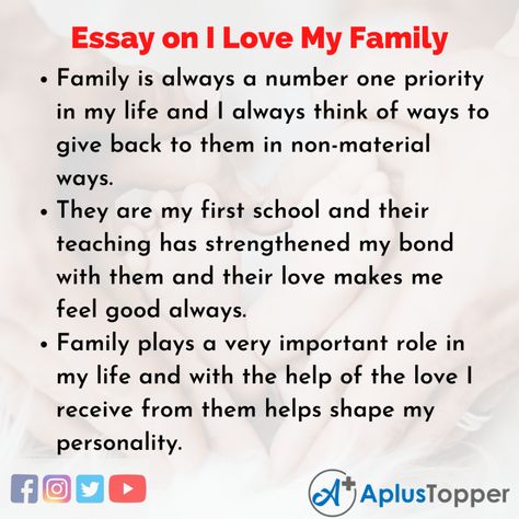 Essay on I Love My Family | I Love My Family Essay for Students and Children in English - A Plus Topper Essay About Family, Essay On My Family, My Self Essay In English, My Mother Essay In English, My School Essay, My Mother Essay, Love Essay, The Importance Of Family, Urdu Language