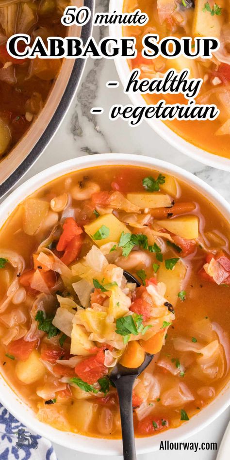 Pinterest image of Cabbage Soup Recipe with Title overlay which includes healthy and vegetarian. Meatless Soup Recipes, Soft Potatoes, Cabbage Soup Recipe, Detox Soup Cabbage, Homemade Soups, Favorite Soups, Healthy Soups, Cabbage Soup Diet, Tomato Broth