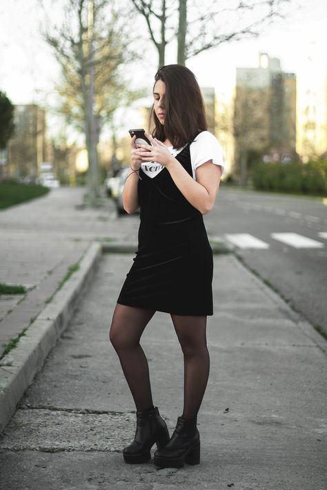 Fashion Blogger Outfit Black Velvet Dress Dresslily White Shirt Boots Black Velvet Dress Outfit Winter, Black Velvet Dress Outfit, Velvet Shirt Outfit, Dress With Tshirt, Velvet Dress Outfit, Dress With Shirt Underneath, Velvet Dresses Outfit, Shirt Boots, Black Velvet Shirt